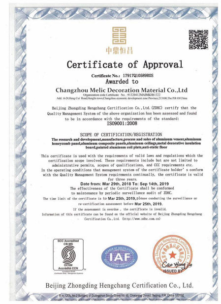 China Changzhou Melic Decoration Material Co.,Ltd Certificaten